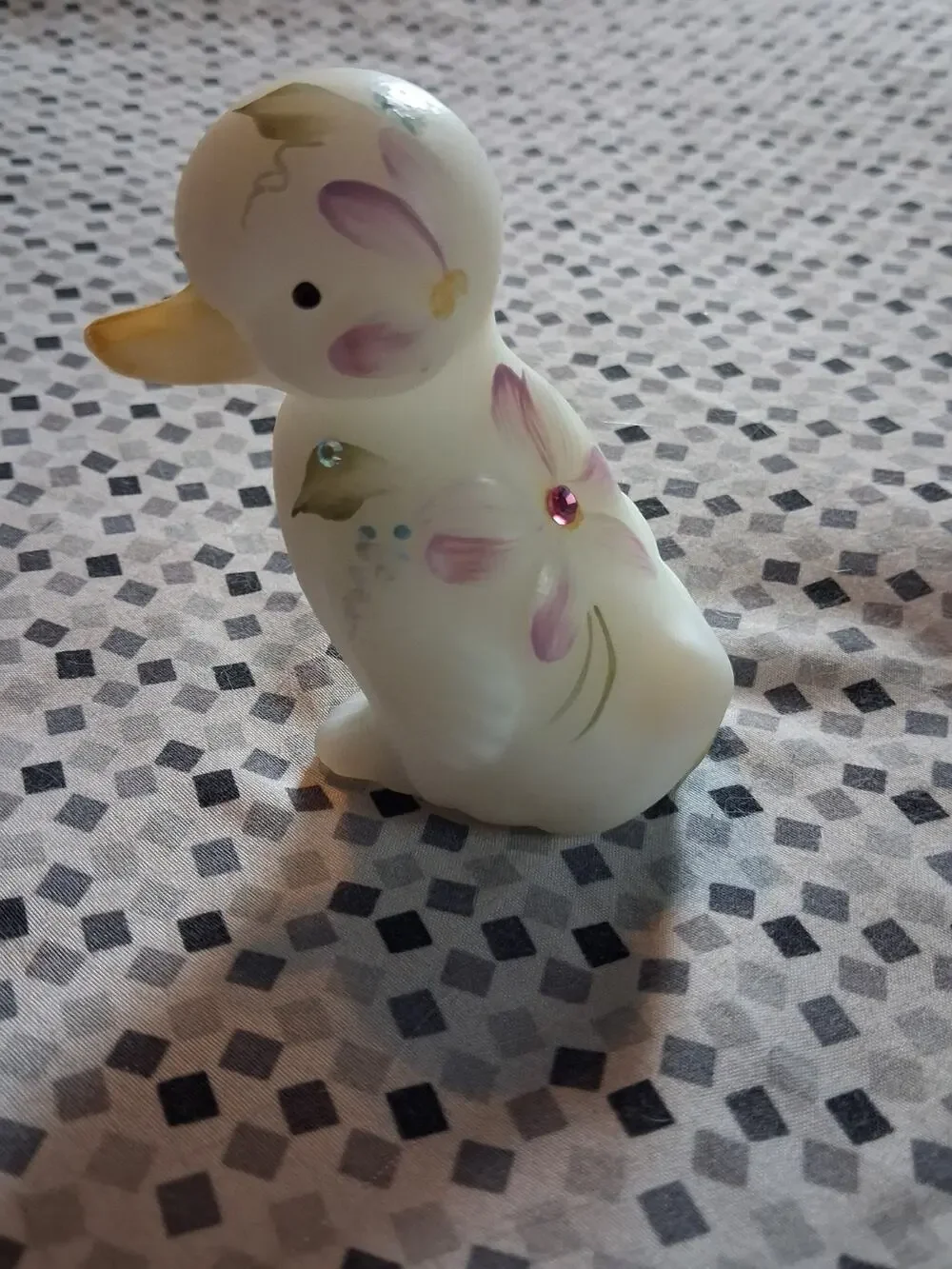 Fenton Glass Duck Duckling Hand Painted Artist Signed Floral with Gems